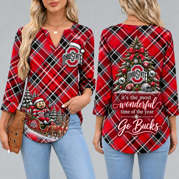 Ohio State Buckeyes Women's Christmas Plaid V-Neck Collar Long Sleeve Casual Shirt with Festive Holiday Print