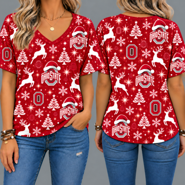 Ohio State Buckeyes Women’s Christmas Reindeer Snowflake All-Over Print V-Neck Short Sleeve Shirt