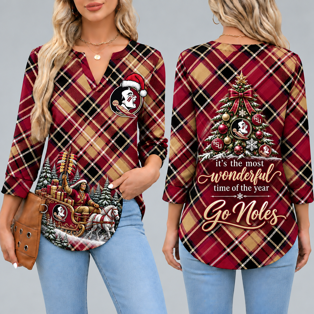 Florida State Seminoles Women's Christmas Plaid V-Neck Collar Long Sleeve Casual Shirt with Festive Holiday Print