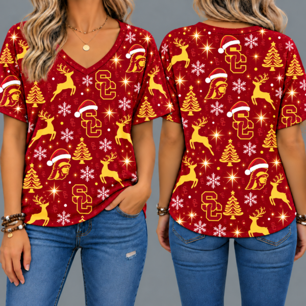 USC Trojans Women’s Christmas Reindeer Snowflake All-Over Print V-Neck Short Sleeve Shirt