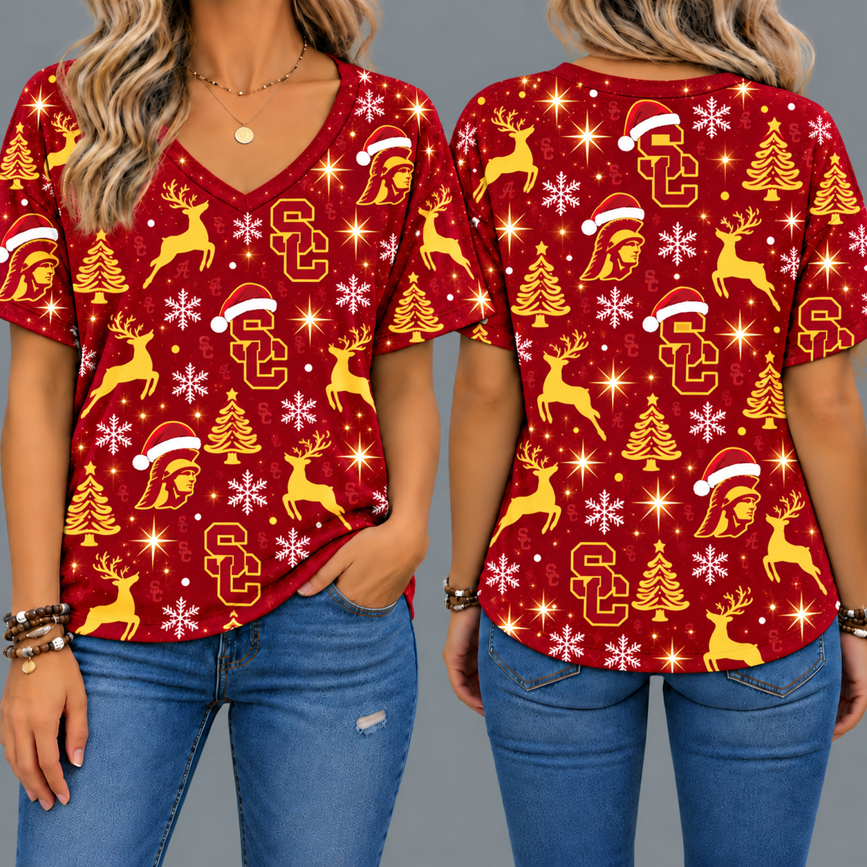 USC Trojans Women’s Christmas Reindeer Snowflake All-Over Print V-Neck Short Sleeve Shirt