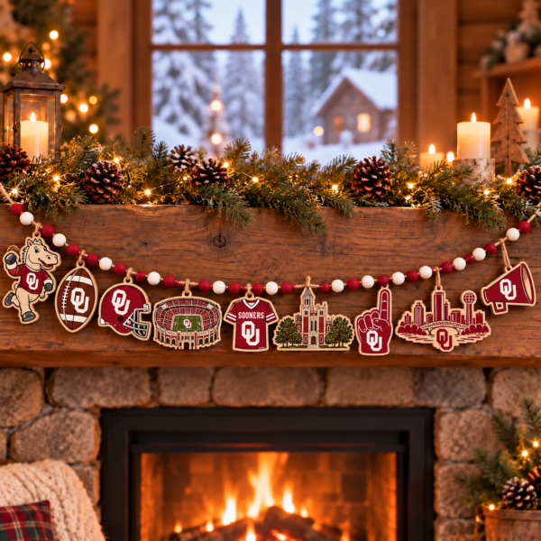 Oklahoma Sooners Wooden Christmas Garland – Football Team Holiday Hanging Decorations