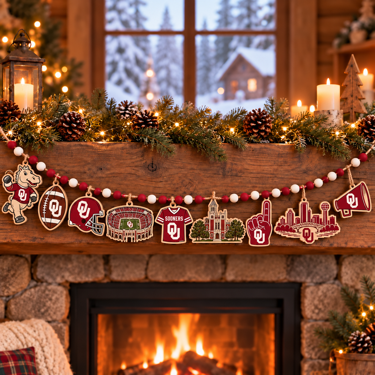 Oklahoma Sooners Wooden Christmas Garland – Football Team Holiday Hanging Decorations