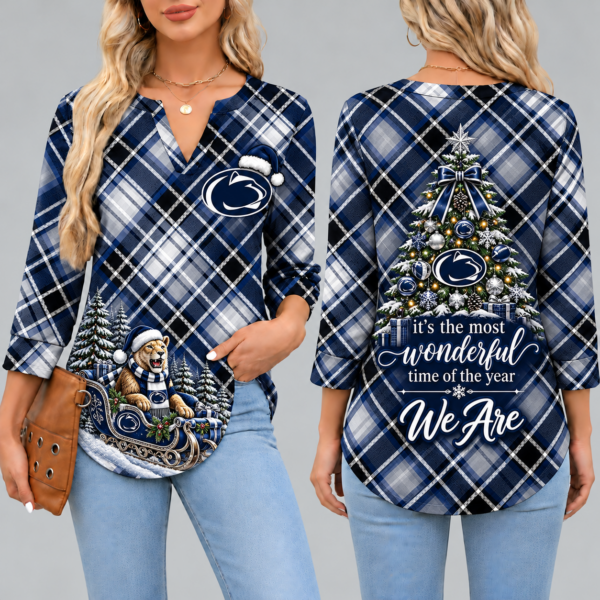 Penn State Nittany Lions Women's Christmas Plaid V-Neck Collar Long Sleeve Casual Shirt with Festive Holiday Print