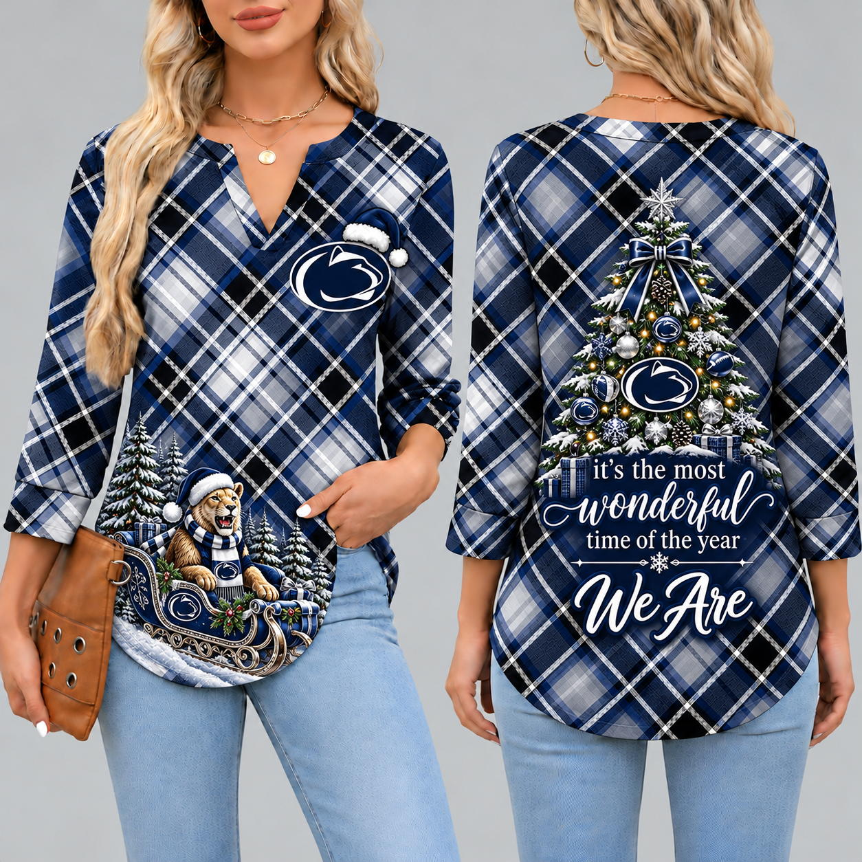 Penn State Nittany Lions Women's Christmas Plaid V-Neck Collar Long Sleeve Casual Shirt with Festive Holiday Print