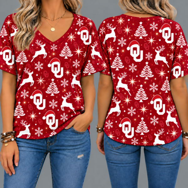 Oklahoma Sooners Women’s Christmas Reindeer Snowflake All-Over Print V-Neck Short Sleeve Shirt