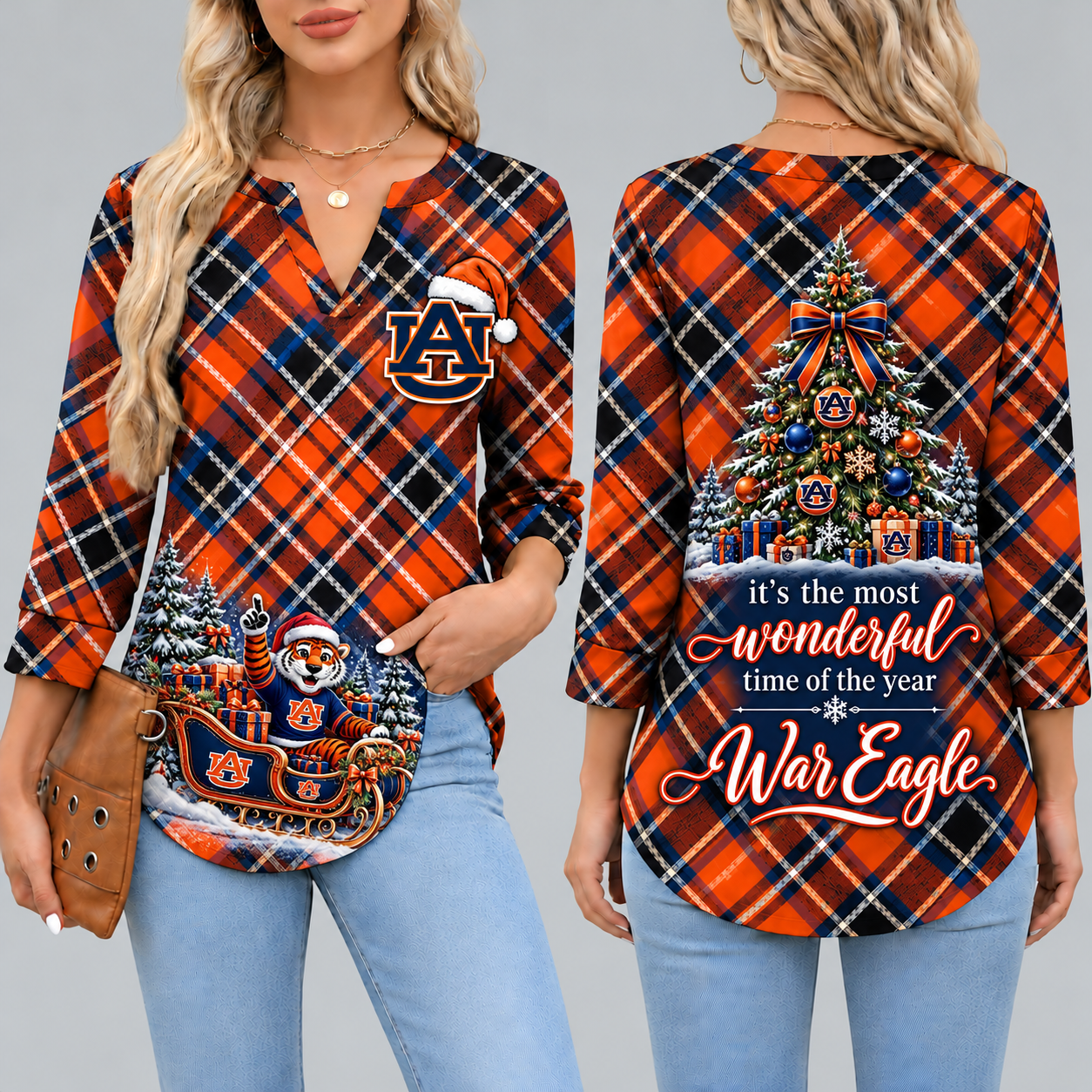 Auburn Tigers Women's Christmas Plaid V-Neck Collar Long Sleeve Casual Shirt with Festive Holiday Print