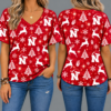 Nebraska Cornhuskers Women’s Christmas Reindeer Snowflake All-Over Print V-Neck Short Sleeve Shirt