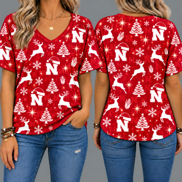 Nebraska Cornhuskers Women’s Christmas Reindeer Snowflake All-Over Print V-Neck Short Sleeve Shirt