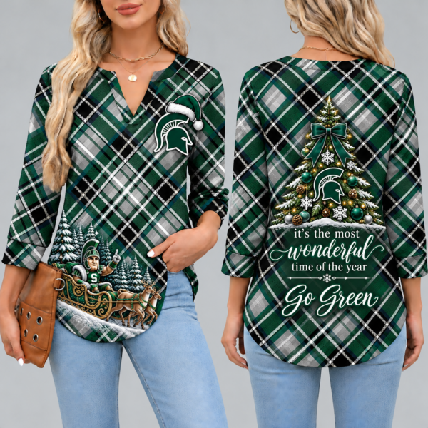 Michigan State Spartans Women's Christmas Plaid V-Neck Collar Long Sleeve Casual Shirt with Festive Holiday Print