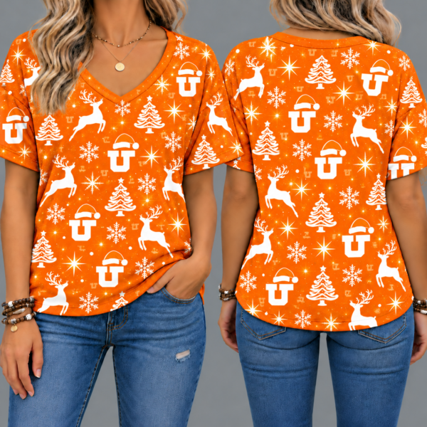 Tennessee Volunteers Women’s Christmas Reindeer Snowflake All-Over Print V-Neck Short Sleeve Shirt