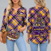 LSU Tigers Women's Christmas Plaid V-Neck Collar Long Sleeve Casual Shirt with Festive Holiday Print