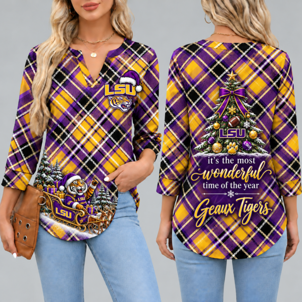 LSU Tigers Women's Christmas Plaid V-Neck Collar Long Sleeve Casual Shirt with Festive Holiday Print