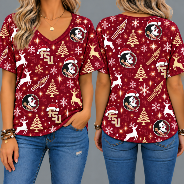 Florida State Seminoles Women’s Christmas Reindeer Snowflake All-Over Print V-Neck Short Sleeve Shirt