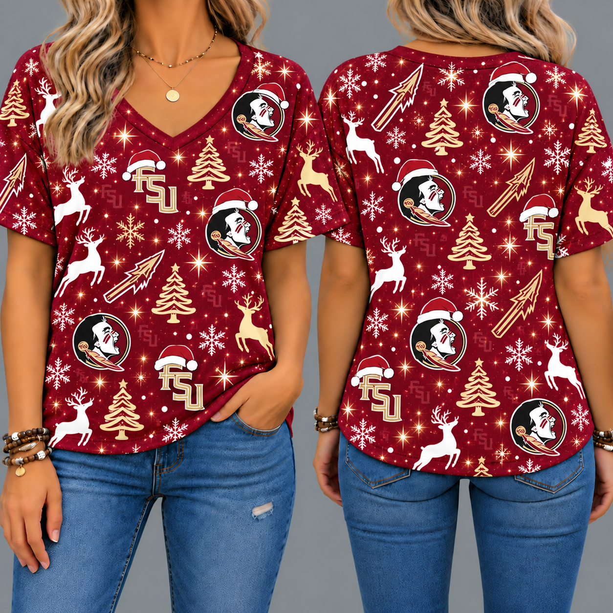 Florida State Seminoles Women’s Christmas Reindeer Snowflake All-Over Print V-Neck Short Sleeve Shirt