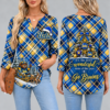 UCLA Bruins Women's Christmas Plaid V-Neck Collar Long Sleeve Casual Shirt with Festive Holiday Print