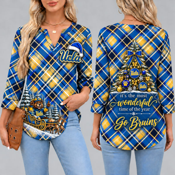 UCLA Bruins Women's Christmas Plaid V-Neck Collar Long Sleeve Casual Shirt with Festive Holiday Print