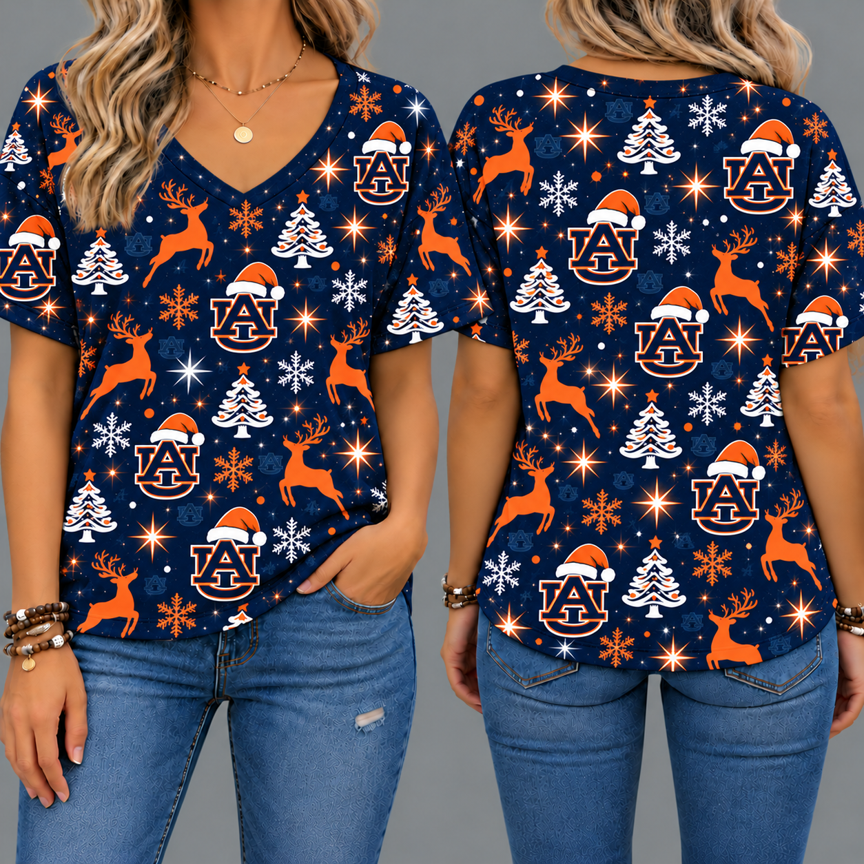 Auburn Tigers Women’s Christmas Reindeer Snowflake All-Over Print V-Neck Short Sleeve Shirt