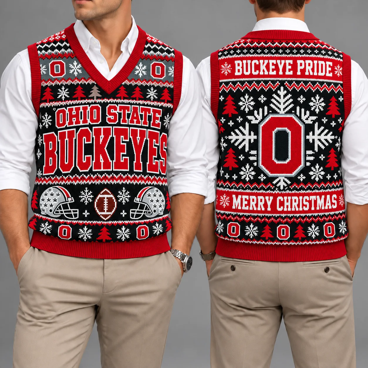 Ohio State Buckeyes Christmas Argyle Football Fan V-Neck Sleeveless Knit Vest