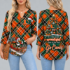 Miami Hurricanes Women's Christmas Plaid V-Neck Collar Long Sleeve Casual Shirt with Festive Holiday Print