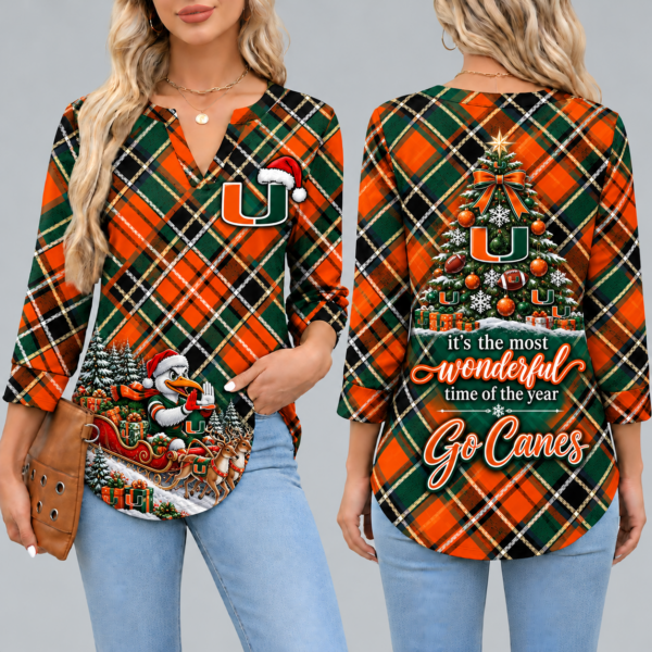 Miami Hurricanes Women's Christmas Plaid V-Neck Collar Long Sleeve Casual Shirt with Festive Holiday Print