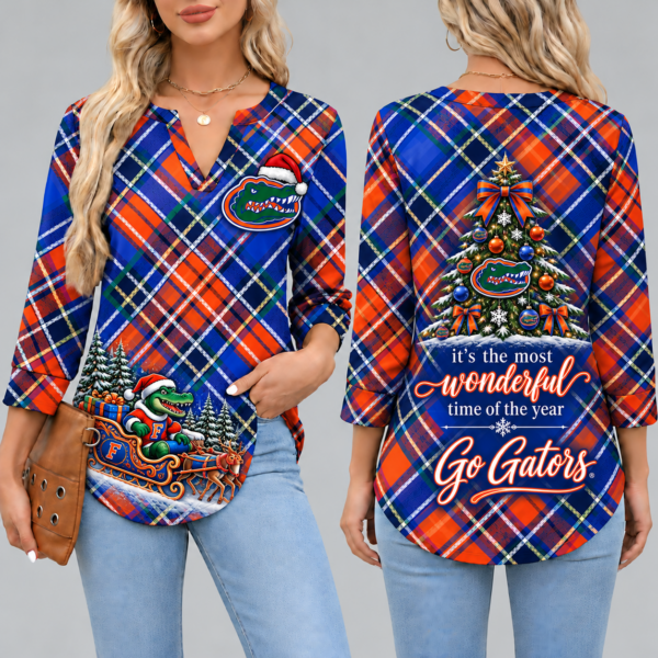 Florida Gators Women's Christmas Plaid V-Neck Collar Long Sleeve Casual Shirt with Festive Holiday Print