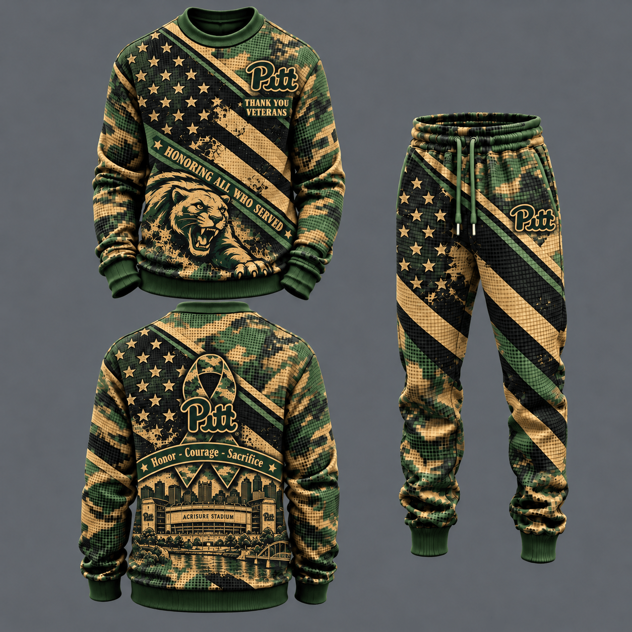 Pittsburgh Panthers Military Camo Waffle Knit Sweatshirt and Jogger Pants Set