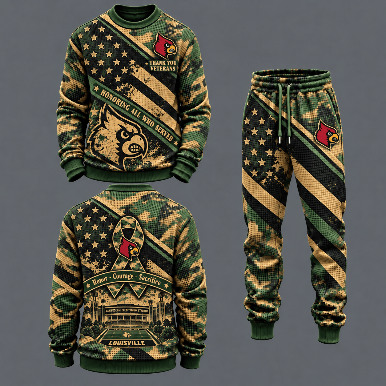 Louisville Cardinals Military Camo Waffle Knit Sweatshirt and Jogger Pants Set