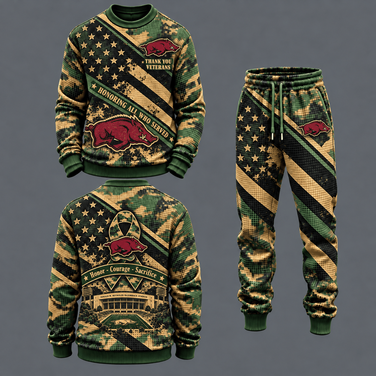 Arkansas Razorbacks Military Camo Waffle Knit Sweatshirt and Jogger Pants Set
