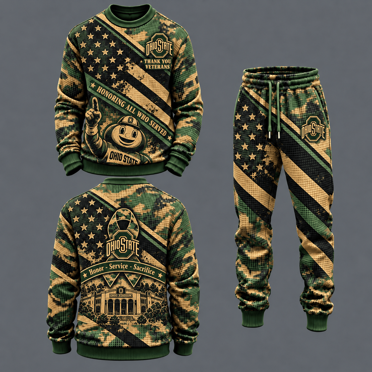 Ohio State Buckeyes Military Camo Waffle Knit Sweatshirt and Jogger Pants Set