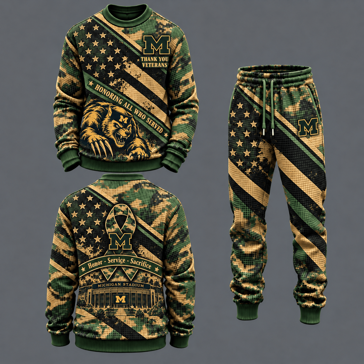 Michigan Wolverines Military Camo Waffle Knit Sweatshirt and Jogger Pants Set