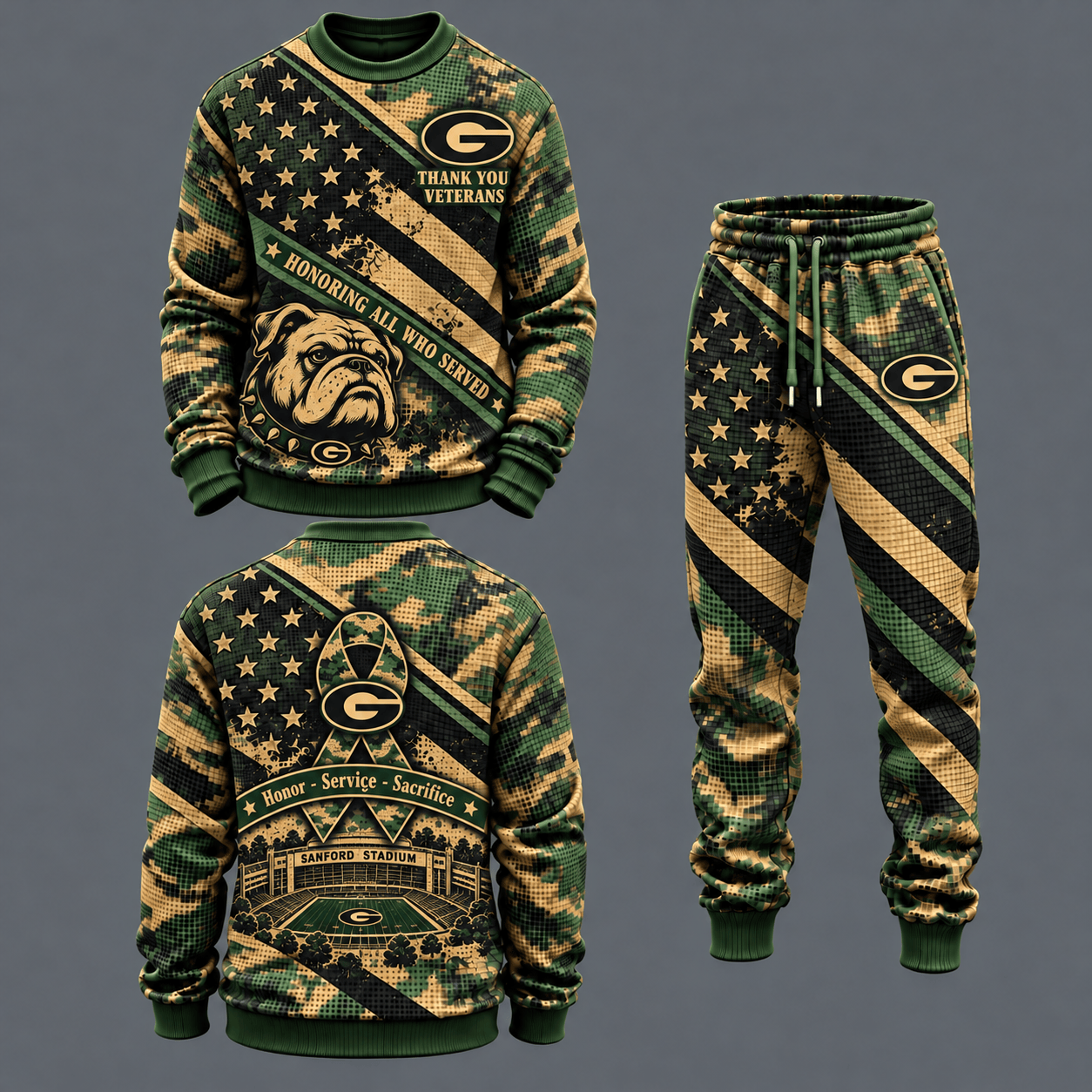 Georgia Bulldogs Military Camo Waffle Knit Sweatshirt and Jogger Pants Set