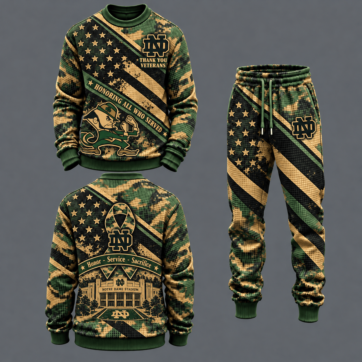Notre Dame Fighting Irish Military Camo Waffle Knit Sweatshirt and Jogger Pants Set