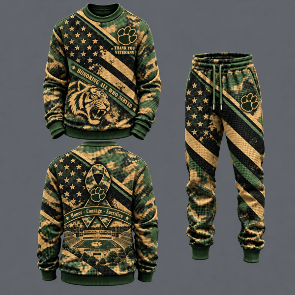 Clemson Tigers Military Camo Waffle Knit Sweatshirt and Jogger Pants Set