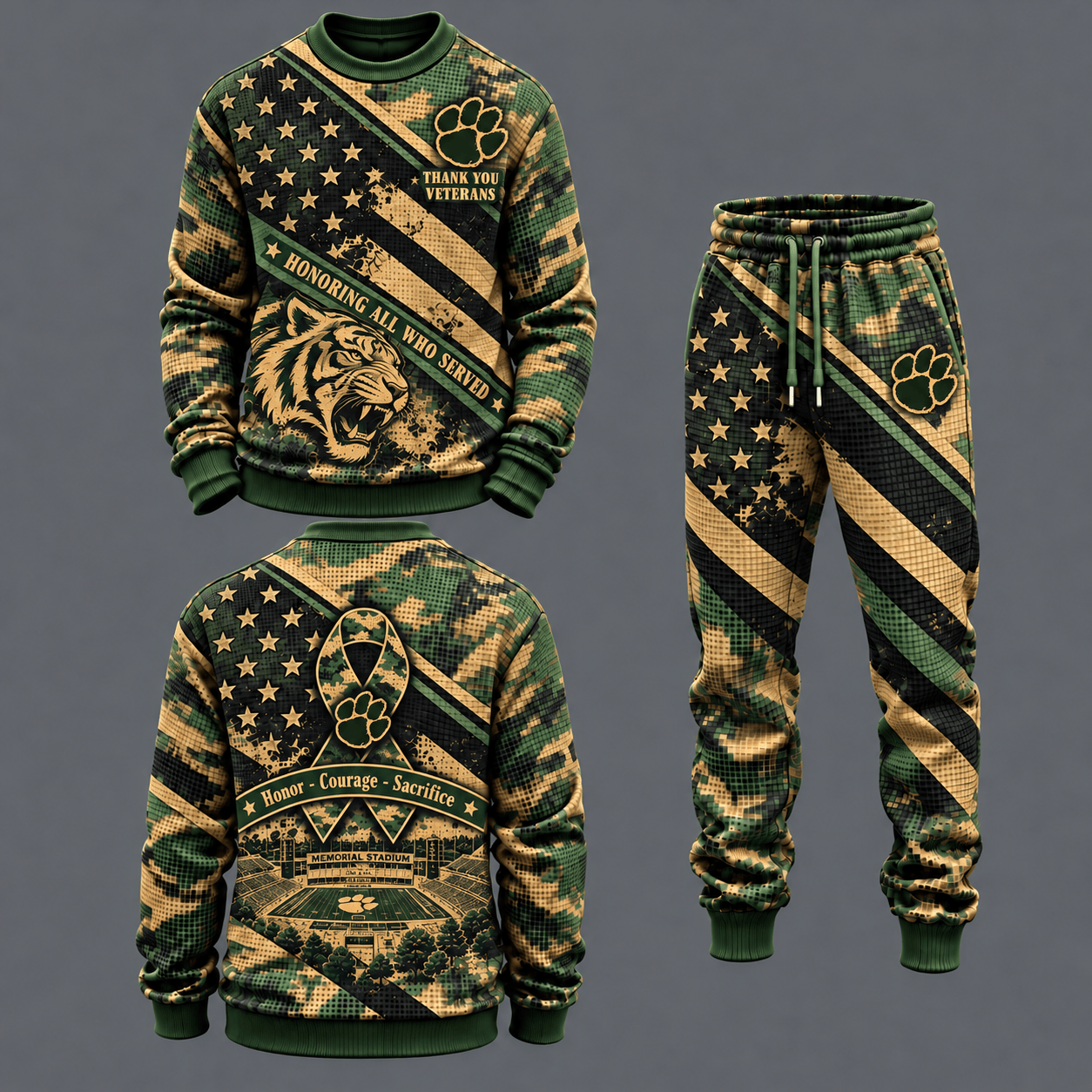 Clemson Tigers Military Camo Waffle Knit Sweatshirt and Jogger Pants Set