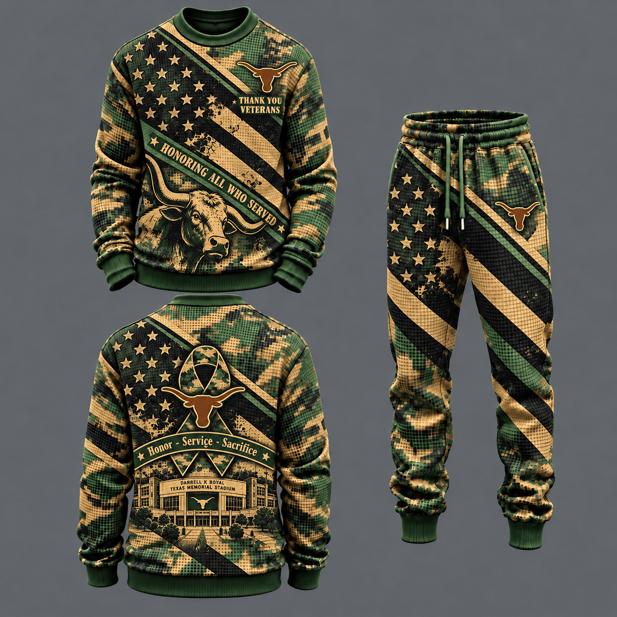 Texas Longhorns Military Camo Waffle Knit Sweatshirt and Jogger Pants Set