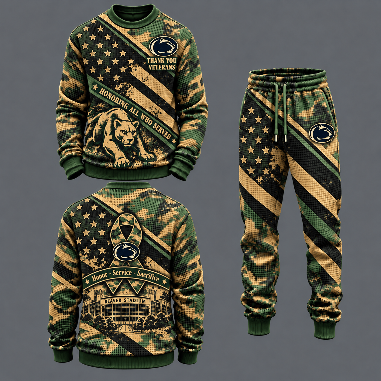 Penn State Nittany Lions Military Camo Waffle Knit Sweatshirt and Jogger Pants Set