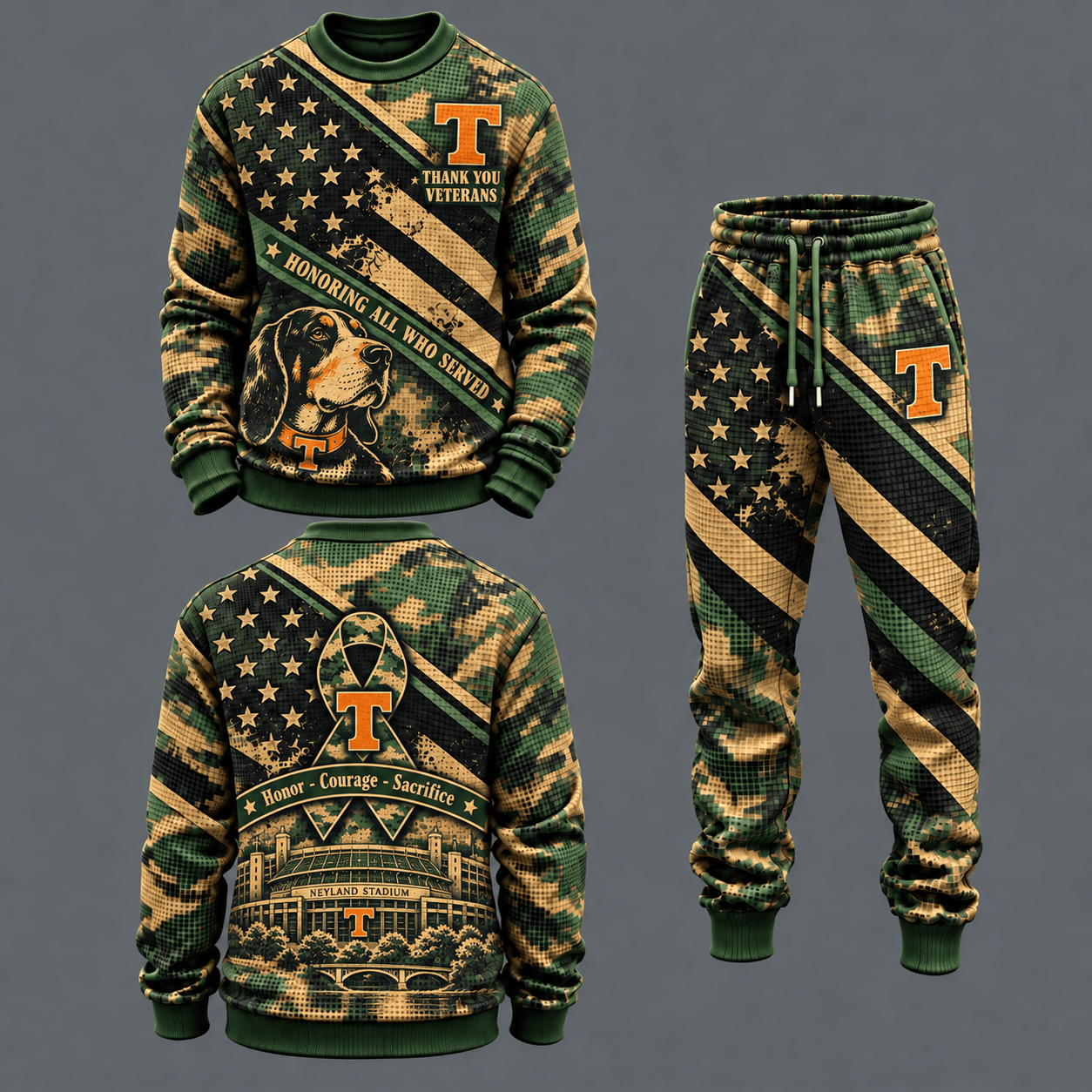 Tennessee Volunteers Military Camo Waffle Knit Sweatshirt and Jogger Pants Set