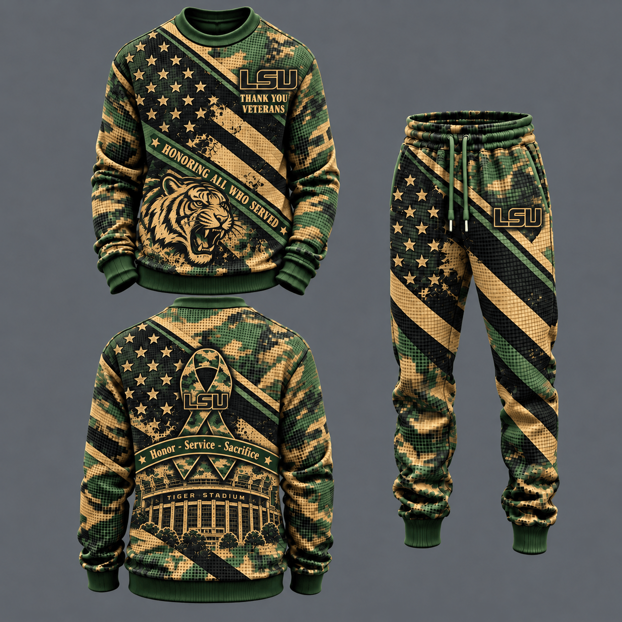 LSU Tigers Military Camo Waffle Knit Sweatshirt and Jogger Pants Set