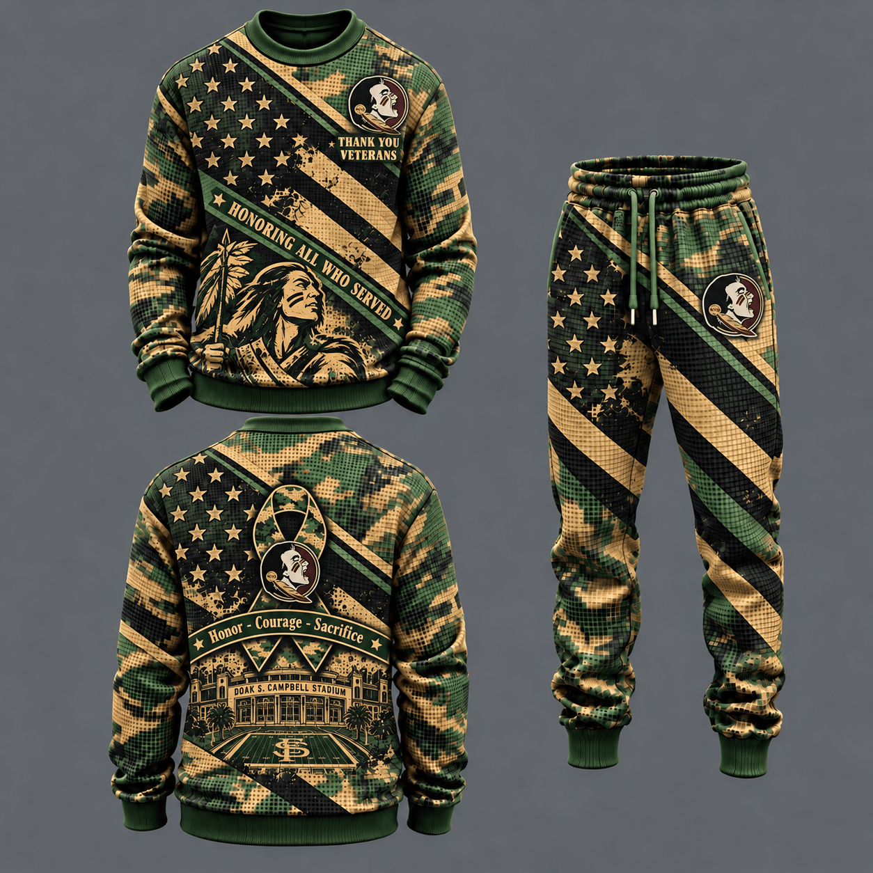 Florida State Seminoles Military Camo Waffle Knit Sweatshirt and Jogger Pants Set