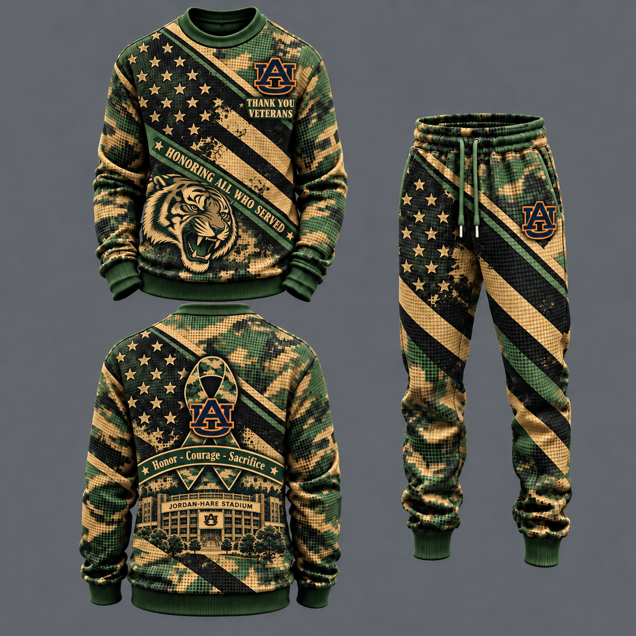 Auburn Tigers Military Camo Waffle Knit Sweatshirt and Jogger Pants Set