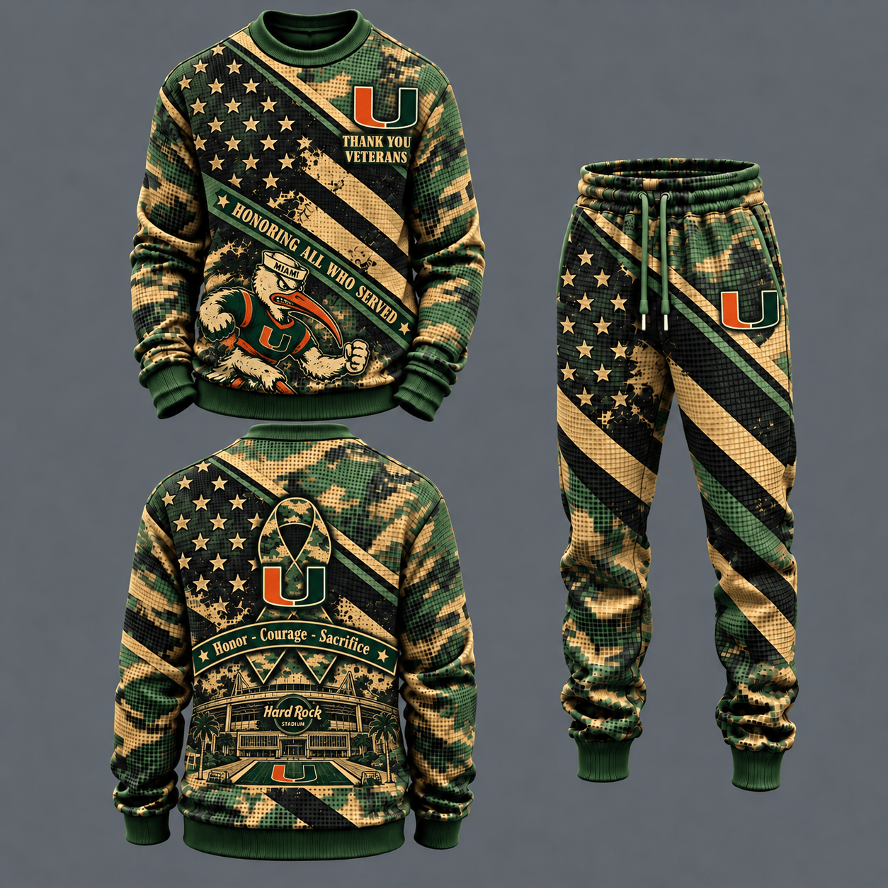 Miami Hurricanes Military Camo Waffle Knit Sweatshirt and Jogger Pants Set