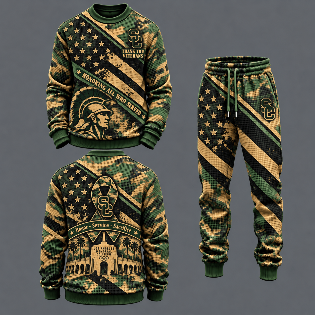 USC Trojans Military Camo Waffle Knit Sweatshirt and Jogger Pants Set