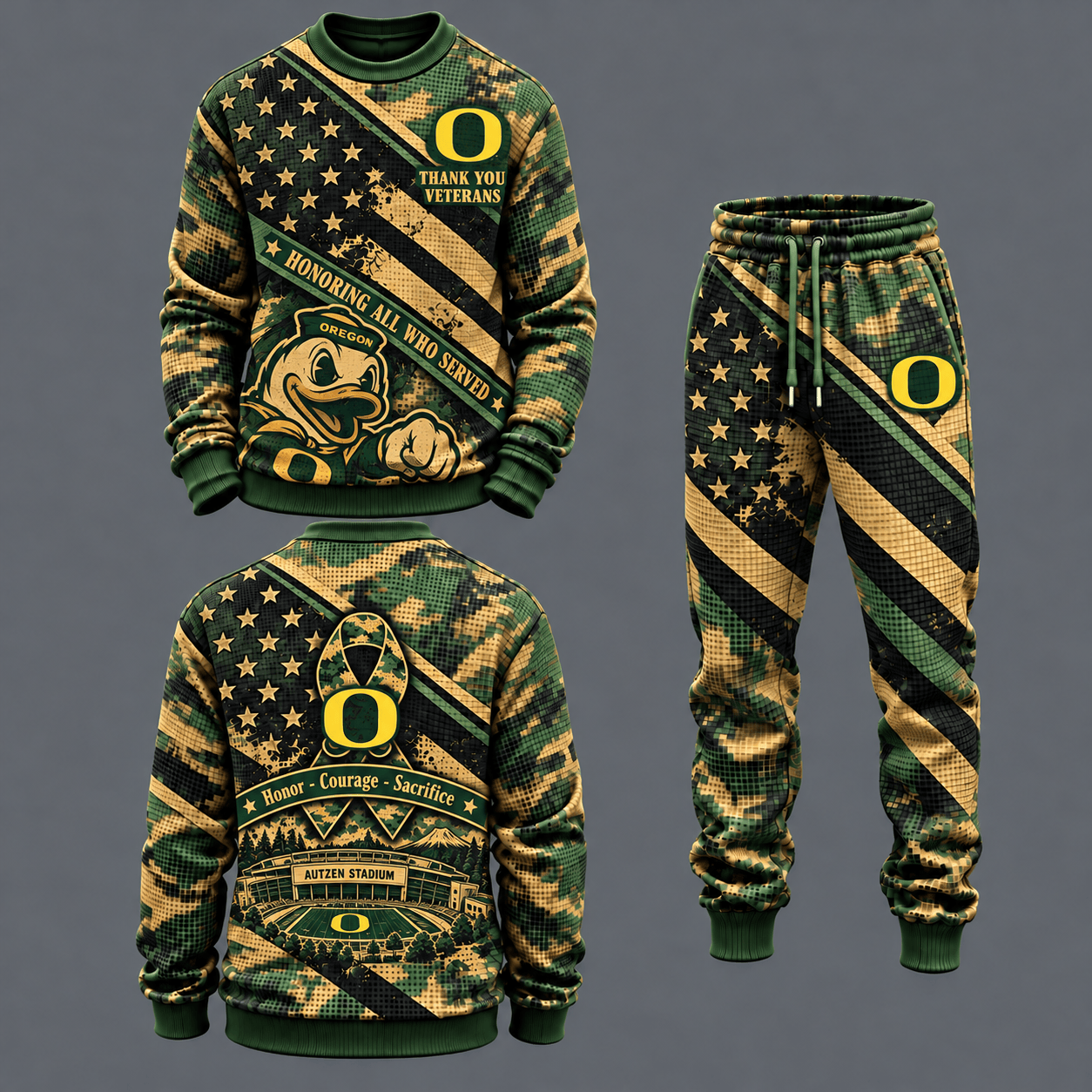 Oregon Ducks Military Camo Waffle Knit Sweatshirt and Jogger Pants Set