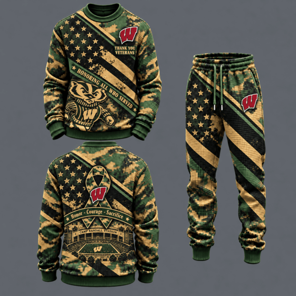 Wisconsin Badgers Military Camo Waffle Knit Sweatshirt and Jogger Pants Set