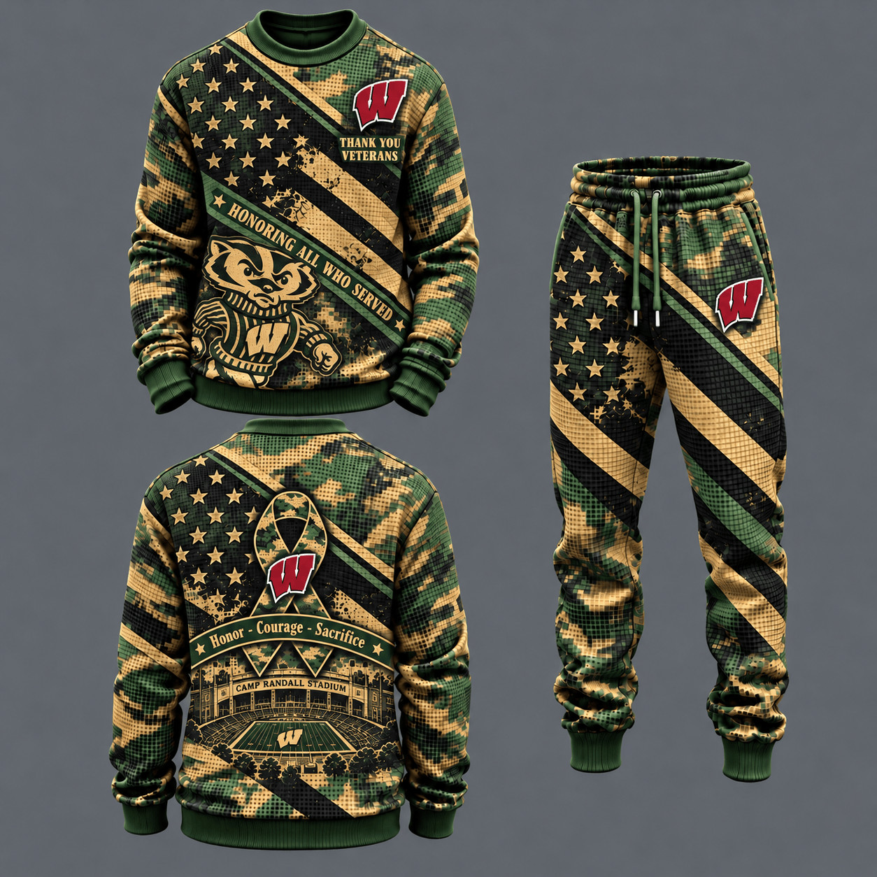 Wisconsin Badgers Military Camo Waffle Knit Sweatshirt and Jogger Pants Set