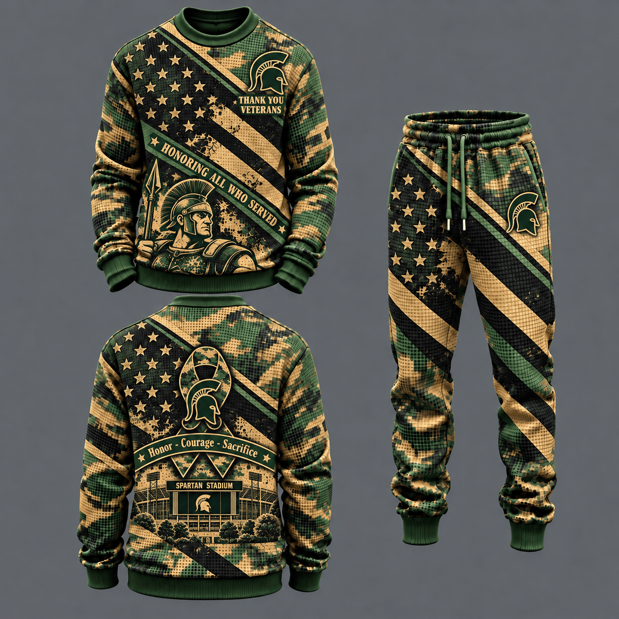 Michigan State Spartans Military Camo Waffle Knit Sweatshirt and Jogger Pants Set