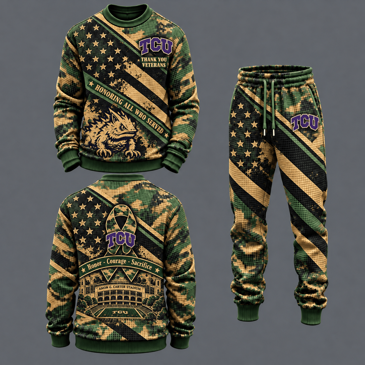 TCU Horned Frogs Military Camo Waffle Knit Sweatshirt and Jogger Pants Set