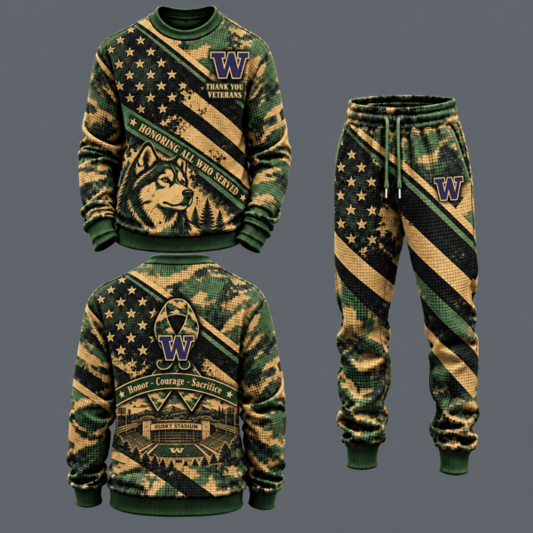 Washington Huskies Military Camo Waffle Knit Sweatshirt and Jogger Pants Set