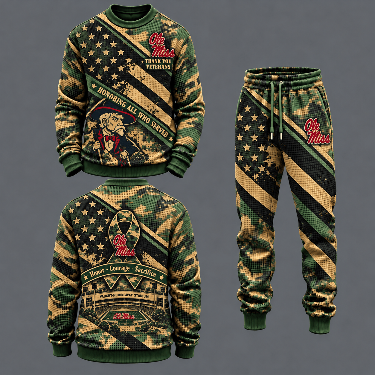 Ole Miss Rebels Military Camo Waffle Knit Sweatshirt and Jogger Pants Set